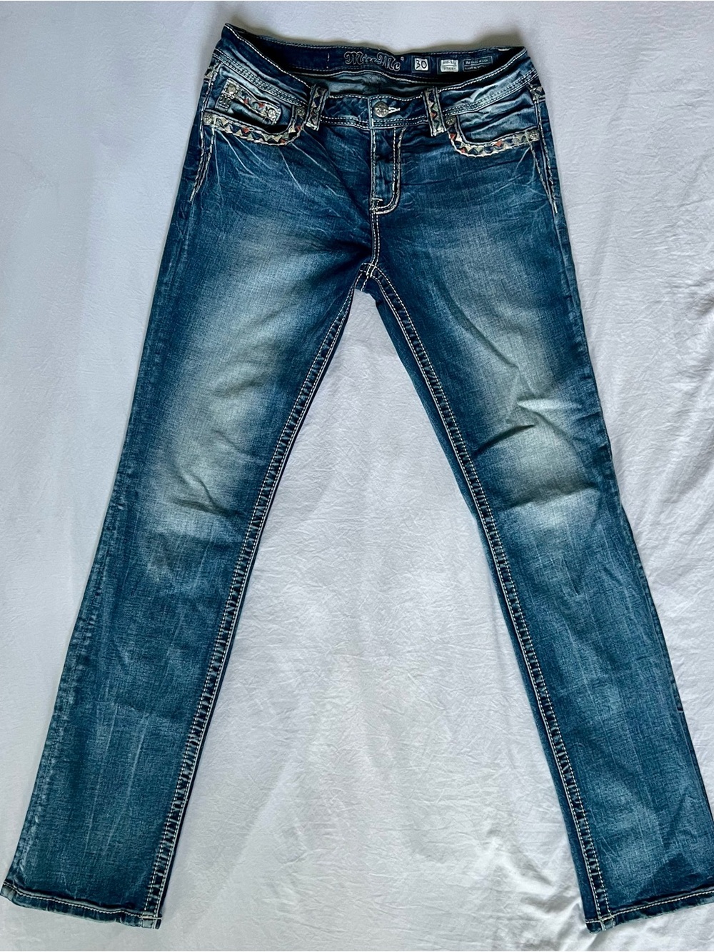 EUC Miss Me Women's Mid-Rise Straight Jeans in Distressed Blue- Sz 30